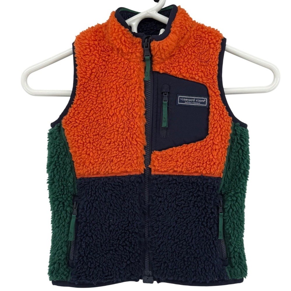 Vineyard Vines Boys 4T Sherpa Fleece Vest Colorblock Orange Navy Blue Green Zip